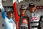 Frank Schleck sur la troisime marche du podium de Lige-Bastogne-Lige 2008 avec Valverde et Rebellin